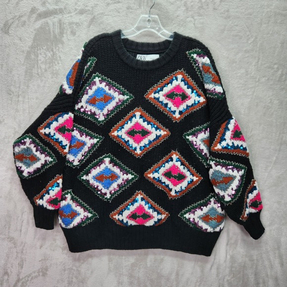 Zara Sweaters - Zara Sweater Womens Small Black Geometric Diamond Knit Sequined Beaded Metallic